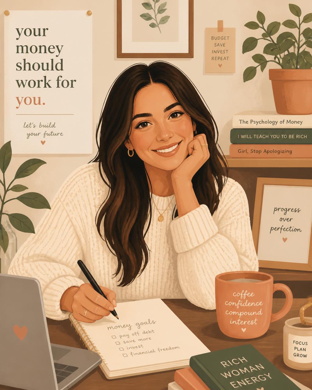 Illustrated portrait of the Sis & Cents author at her desk